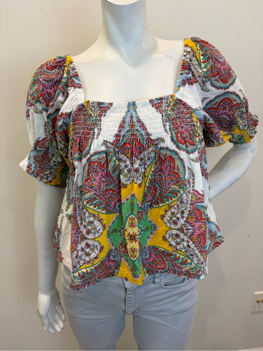 MILLE Resort & Travel Smocked Puff Sleeve Colorful Print Blouse